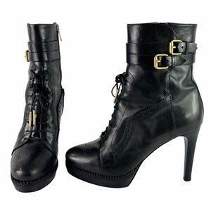 BURBERRY Black Leather Brogue Manners 100 Platform Women's Boots 39 - 9US